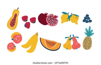 A set of fruits such as pear, melon, lemon, peach, pomegranate, blueberry, pineapple, papaya and strawberry. Vector illustration 