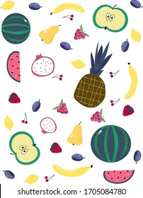 Un conjunto de frutas. Ilustración vectorial de verano para impresión, textil, tarjetas, pancartas, pegatinas.