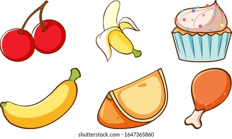 Set of fruits and sweets on white background illustration