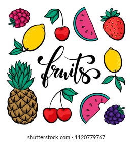 set of fruits, symbol of summer. Fruits Hand drawn calligraphy and brush pen lettering. design for holiday greeting card and invitation of seasonal summer holidays, beach parties, tourism and travel