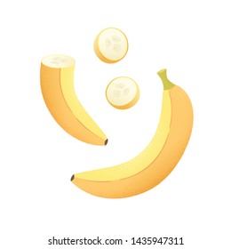 Set of fruits with their slices. Vector illustration with textured banana whole and peaces isolated on white