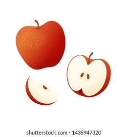Set of fruits with their slices. Vector illustration with textured apple whole and peaces isolated on white