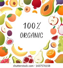 Set of fruits with their slices. Vector illustration of healthy food concept with whole fresh organic fruits and peaces isolated on white. Poster design: apple, peach, pear, banana, orange, fig, mango