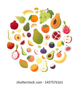 Set of fruits with their slices. Vector illustration of healthy food concept with whole fresh organic fruits and peaces isolated on white. Poster design: apple, peach, pear, banana, orange, fig, mango