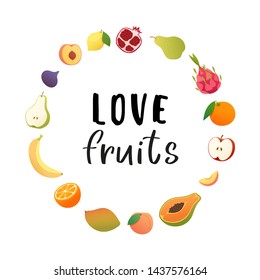 Set of fruits with their slices. Vector illustration of healthy food concept with whole fresh organic fruits and peaces isolated on white. Poster design: apple, peach, pear, banana, orange, fig, mango