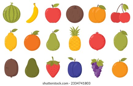 Set of fruits. Tropical fruit. Vector isolated fruit illustration set. Fruit icons vector set. Illustration of color fruits.