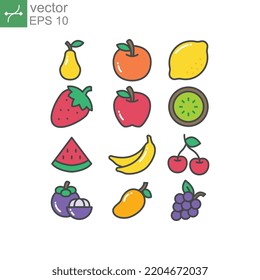 Set Of Fruits, Tropical Organic Fruit Fresh Organic In Colorful. Apple, Mangosteen, Cherry, Pear, Etc. Fruity Icons Set Filled Outline Style Vector Illustration Design White Background EPS 10.