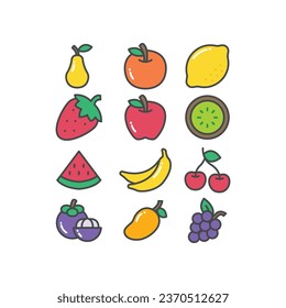 Set of Fruits, Tropical organic fruit fresh organic in colorful silhouette. Apple, mangosteen, cherry, pear, etc. Fruity icons set filled outline style Vector illustration Design