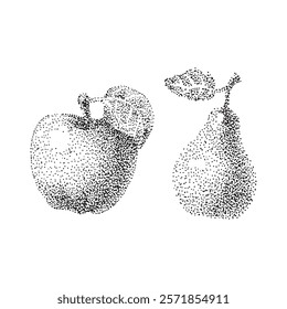 Set of fruits using pointillism technique. Apple and pear drawn with black dots. Vector illustration