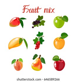 Set of fruits. Vector fruits apple, pear, mango, currant, nectarine on white background, collection of vector illustrations.