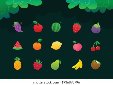 set of fruits vector, colorful flat style, apple, watermelon, strawberry, orange, banana, Grape, custard apple, lemon, peach, cherry, pineapple, pear, kiwi