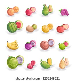 Set Of Fruits Vector Icon Illustration Collection, Orange, Apple, Avocado, Grape, Watermelon, Kiwi, Lemon, Peach, Banana, Mangosteen, Brown Coconut, Guava, Young Green Coconut, Stawberry, Mango, Pear