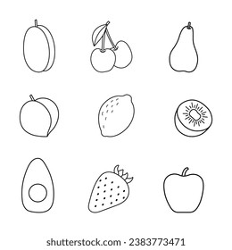 Conjunto de ilustraciones vectoriales de frutos. Apple, limón, pera, cerezas, fresa, kiwi, ciruela y aguacate. Borde negro sobre fondo blanco.