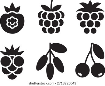 Set of fruits vector illustration, assorted fresh fruit icons, black and white collection for food, nutrition, and healthy lifestyle design