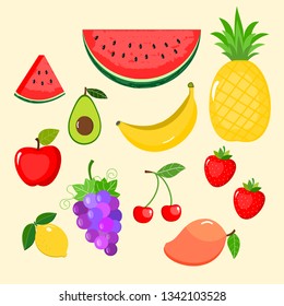 Set of fruits vector illustration isolated on background,watermelon,cherry,banana,pineapple,mango,grapes,lemon,strawberry,avocado,apple,fresh fruit .
