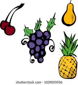 A set of fruits. Vector image. Pop Art. Cherry, pineapple, pear, grapes. Bright, cartoon.