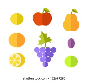 Set of fruits vectors. Flat style design. Lemon, grape, apple, grapefruit, melon, plum, pear, orange illustrations for conceptual banners, icons, infographics. Isolated on white background.  