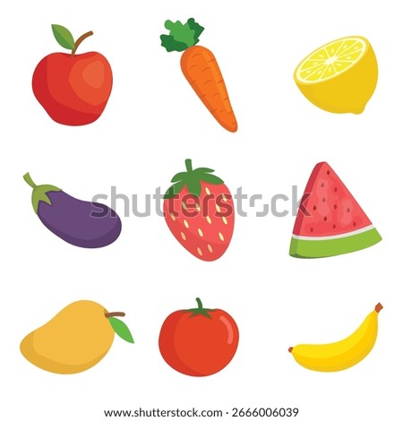 Set of fruits and vegetable collection include apple, carrot, lime, strawberry, banana, mango, tomato, eggplant, watermelon