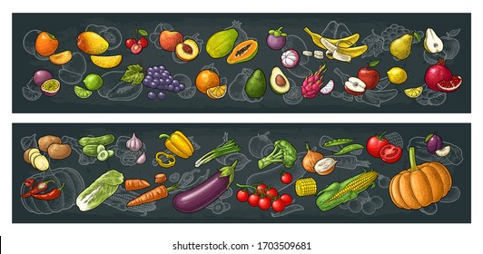 Set fruits and vegetable. Mango, lime, banana, avocado, lemon, peach, citrus, apple, pear, grape, cherry, potato, corn, pepper, potato, tomato, garlic. Vector color vintage isolated engraving