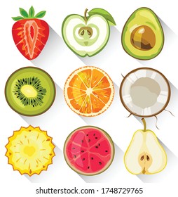 Set of fruits and vegetables. Apple, kiwi, orange, strawberry, avocado, pear, pineapple and guava. Vector