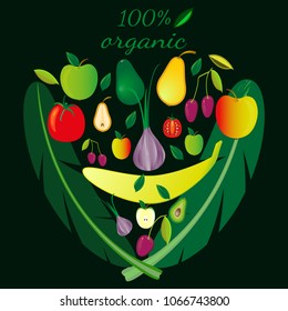 Set of fruits and vegetables, artistically laid out in form of  face. Set on a dark background. Can be used for design of market, logo, flyer.