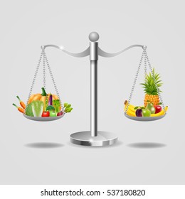 Set of fruits and vegetables in the balance, for your ideas. vector illustration