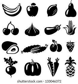 Set of fruits and vegetables: banana, apple, lemon, pear, cherry, pineapple, eggplant, corn, avocado, cucumber, plum, strawberry, beets, radish, garlic, carrots, pumpkin.