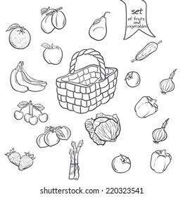 Set of fruits and vegetables with a basket in black contour