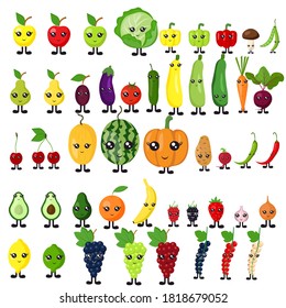 Set of fruits, vegetables, berries in a flat style with cartoon eyes and legs isolated on a white background. Healthy lifestyle, vegetarianism. Stock vector illustration for decoration and design.