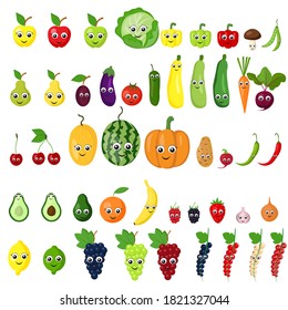 Set of fruits, vegetables, berries in a flat style with cartoon eyes isolated on a white background. Healthy lifestyle, vegetarianism. Stock vector illustration for decoration and design.	