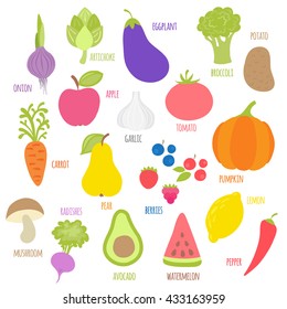 Set of fruits, vegetables, berries with signatures. Vegetable food. Cartoon vector illustration isolated on white background. Flat style.