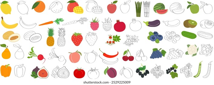 Set of fruits, vegetables and berries with vitamin C - flat vector illustration. Cartoon template for children's educational coloring books and packaging for juices and diet food.