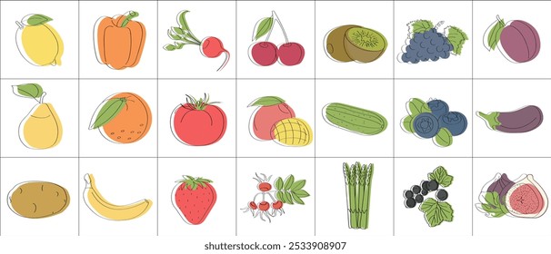 Set of fruits, vegetables and berries with vitamin C - flat vector illustration. Cartoon template for children's educational coloring books and packaging for juices and diet food.