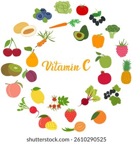 Set of fruits, vegetables and berries with vitamin C - flat vector illustration. Cartoon template for children's educational coloring books and packaging for juices and diet food.