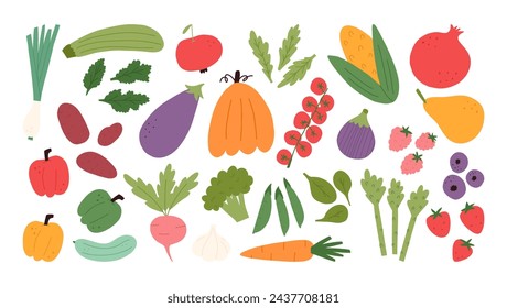 Conjunto de frutas y verduras en estilo plano de dibujos animados, ilustración vectorial aislado sobre fondo blanco. Bonitos tomates dibujados a mano, calabaza, manzana, cebolla y pimiento. Comida orgánica fresca de primavera.