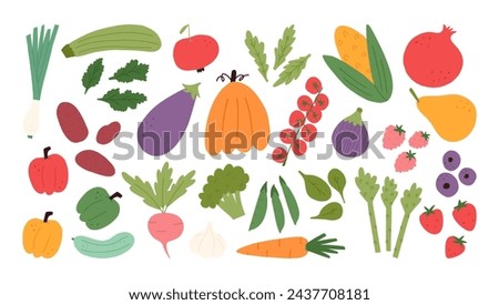 Set of fruits and vegetables in cartoon flat style, vector illustration isolated on white background. Cute hand drawn tomatoes, pumpkin, apple, onion and bell pepper. Fresh organic spring food.