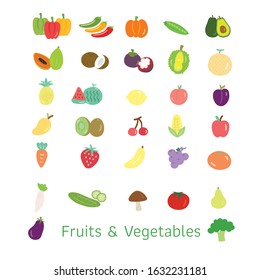 Set of Fruits and Vegetables Cartoon Icons