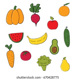 Set of fruits and vegetables. Cartoon vegetable isolated on white background. Vector illustration