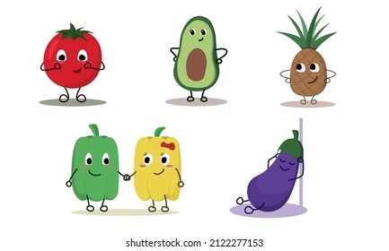 Set of fruits and vegetables characters. Vector food icons