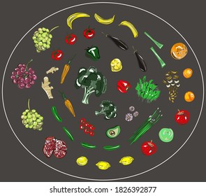 Set of fruits and vegetables. Citrus, oranges, apples, bananas, grapes, kiwi, pomegranates, lemons, broccoli, celery, onions, greens, carrots, tomatoes,cucumbers, cherry tomatoes, garlic. Vegan. 