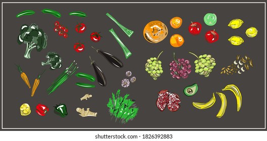 Set of fruits and vegetables. Citrus, oranges, apples, bananas, grapes, kiwi, pomegranates, lemons, broccoli, celery, onions, greens, carrots, tomatoes,cucumbers, cherry tomatoes, garlic. Vegan. 