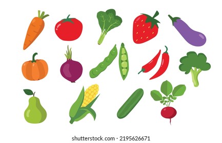 Set von Obst und Gemüse Clip Art Vektordesign. Karotten, Tomaten, Spinat, Auberginen, Roten, Mais, Gurken, Brokkoli, Zwiebeln, Birnen, Grüne, Chilischoten, Erdbeeren, Kürbisklammer Art flacher Cartoon-Stil