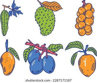 set of fruits and vegetables. Collection of hand drawn fruits and berries. Vector illustration in doodle style.