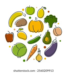 set of fruits and vegetables. Colorful minimalistic colored and black linear outline icons. Elements for food-themed design