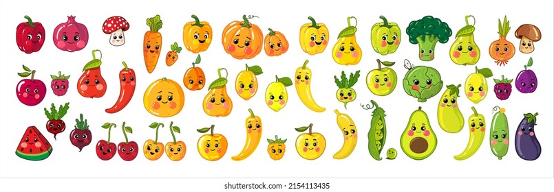 set of fruits and vegetables, colorful painted cute characters, vector illustration, isolated on a white background