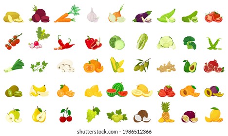 Conjunto de frutas y verduras, coloridos iconos vectoriales en estilo plano, elementos aislados de diseño gráfico, colección de ilustraciones para sitios web, aplicaciones móviles, banners web, infografías, m impreso