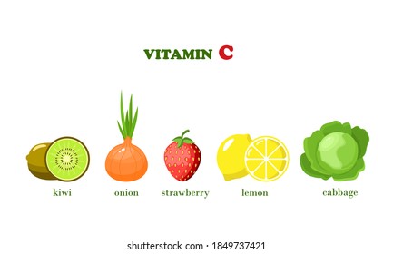Set Of Fruits And Vegetables Containing Vitamin C. Kiwi, Onion, Strawberry, Lemon, White Cabbage. Vegetarian Food Products. Vector Illustrations With Inscriptions. Design Of A Leaflet Or Poster. 