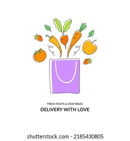 A set of fruits and vegetables delivered with love. Grocery store, supermarket, fresh food, home delivery, ordering. Vector illustration for poster, banner, flyer, advertisement, promo, website.