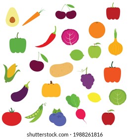 Set of fruits and vegetables. Different colorful vegetables and fruits. All kinds of green vegi and fruit for cooking meals, planting in garden.