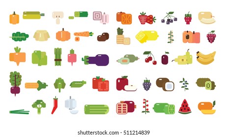 Set of fruits and vegetables. Different items like cabbage, banana, apple. coconut and more.